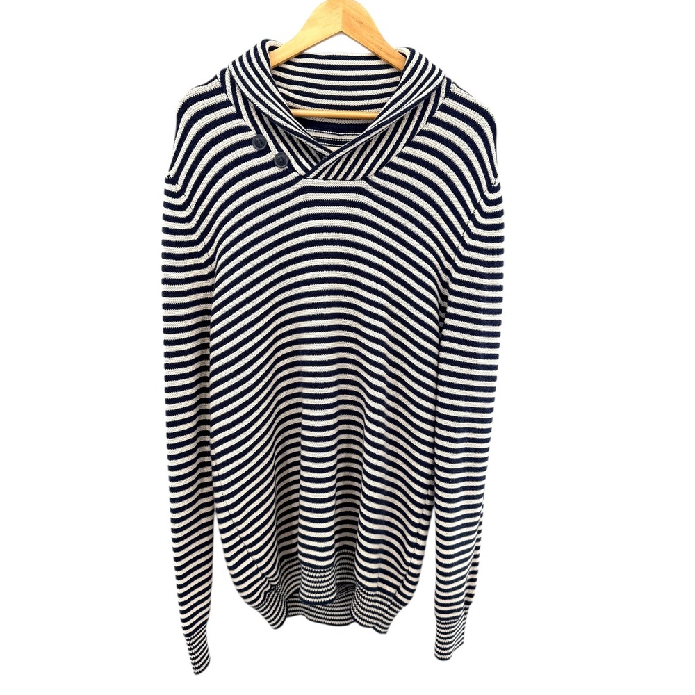 Celio Striped Shawl Collar Sweater Navy Blue White Cotton‎ Mens Large LEMARIN